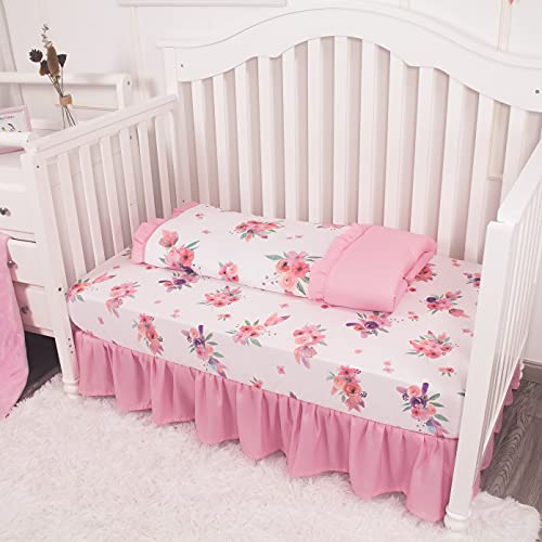 La Premura Baby Girl Crib Bedding Set For Baby Girls, 3-Piece Nursery Crib Set Including Crib Sheet, Blanket And Crib Skirt, Watercolor Boho Feather Floral, Pastel Pink & Lilac #TOP1