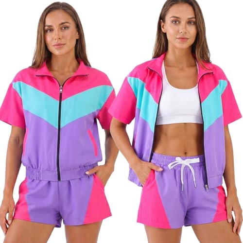ZhouBoat Womens 80s 90s Color Block Outfit 2 Piece Short Sleeve Windbreaker Tracksuit Set Costume Zip Up Purple Color Block L