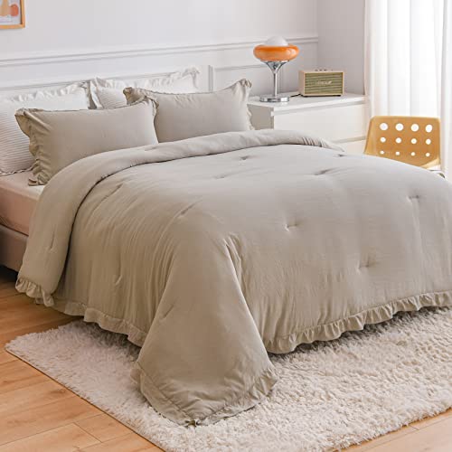 Aikasy Khaki Ruffle Comforter Queen, 3 Pieces Vintage Ruffle Fringe Comforter, Farmhouse Rustic Microfiber Down Alternative Bedding Comforter Set (1 Comforter + 2 Pillow Shams) #TOP1