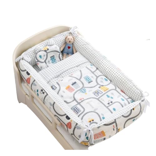 新生児 枕付きベビーベッド 寝具 簡易ベッド ポータブルベビーベッド 添い寝 ベビー布団 通気性 取り外し可能 洗える 出産祝い 枕付き (ラブトラック,キルト)