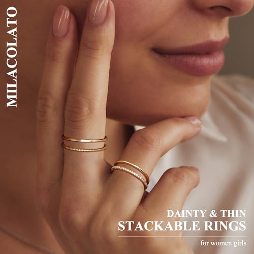 milacolato 14k gold plated 13mm thin stackable rings for women - minimalist non tarnish half cubic zirconia band rings - dainty trendy statement stacking rings set size 5-10