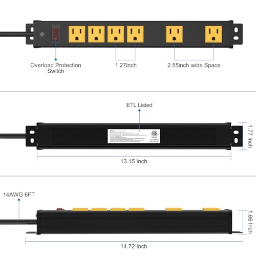 Image of 6 Outlet Wall Mount Metal Power Strip, 2 Extra-Wide (2.55IN) and 4 Standard Spaced Outlets, Flat Plug Extension Cord 6FT 14AWG with Switch, 15A 1875W ETL Listed for Garage, Workshop, Home