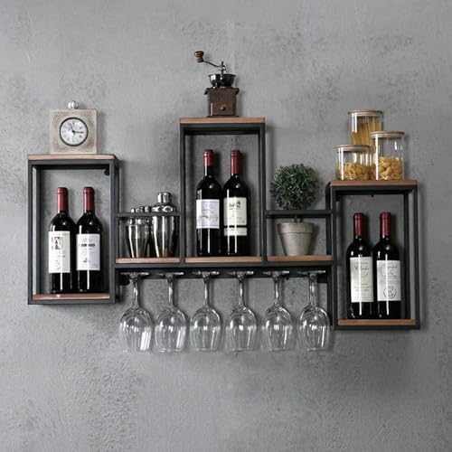 Étagère à vin murale bois réglable support bouteille verre suspendu