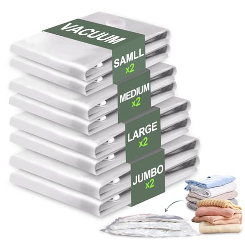 Vacbird Vakuumbeutel für Kleidung, 8 Stück (2 Jumbo, 2 Groß, 2 Mittel, 2 Klein), Wiederverwendbare Vakuumierbeutel Kleidung, Platzsparend Vakuum Beutel für Decken, Kissen, Steppdecken, Reisen