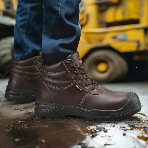 Image of NINGO Steel Toe Work Boots for Men, Non Slip & Puncture Resistant Construction Boots with Breathable Lining, EH Protection, Comfortable Mens Safety Leather Work Shoes for Industrial, Walking Warehouse