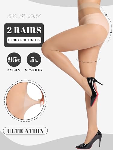 Image of HONENNA Sheer Tights for Women 2 Pairs Ultra Thin Reinforced T Crotch Control Top Pantyhose Stockings