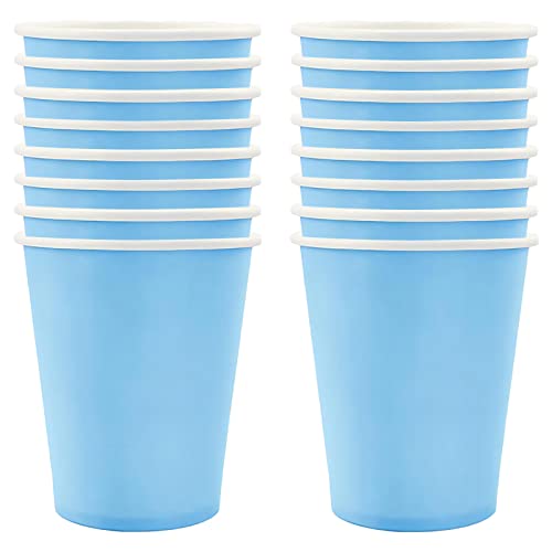 POPOYU 16 Pièces Gobelet Papier Jetable Bleu Clair, Table Papier Verre en Carton Joyeux Anniversaire, Gobelet de Fête pour Cocktail, Boissons, Restauration