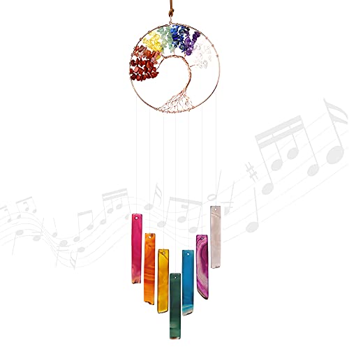 Natural Crystal Wind Chimes for Outside,Unique Tree of Life Chakra Decor Wall Decorations Agate Slices Stone Hanging for Sympathy Gift