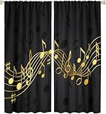 HZOHNAGO Music Curtains Black and Golden Music Notes Pattern Blackout Print Rod Pocket Window Drapes for Bedroom Living Room 42x45in