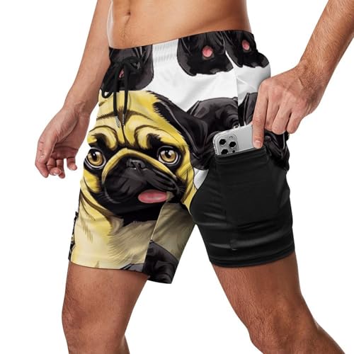Mens Swim Trunks with Compression Liner Quick Dry Swim Shorts Black Yellow Pug Bathing Suits Beach Shorts
