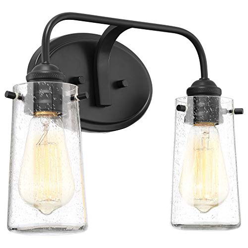 Kira Home Rayne 14" Modern Farmhouse 2-Light Vanity/Bathroom Light, Seeded Glass + Matte Black Finish #TOP11