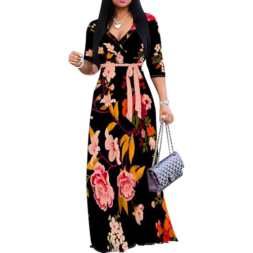 Women's Print Maxi Dresses 3/4 Sleeve Flowy Long Dress V Neck Wrap Tie Waist Sundress