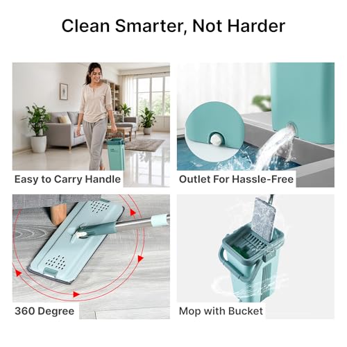 Image of The Better Home 360 Bucket Mop Set | Square Flat Mop with Wringer Bucket | Stainless Steel Handle Floor Cleaning System | Microfiber Mop for Home Kitchen Bathroom Tiles (Green)