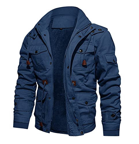 Crysully Men's Military Long Sleeve Full Zip Jacket Winter Fleece Lined Bomber Coat Denim Blue #TOP9