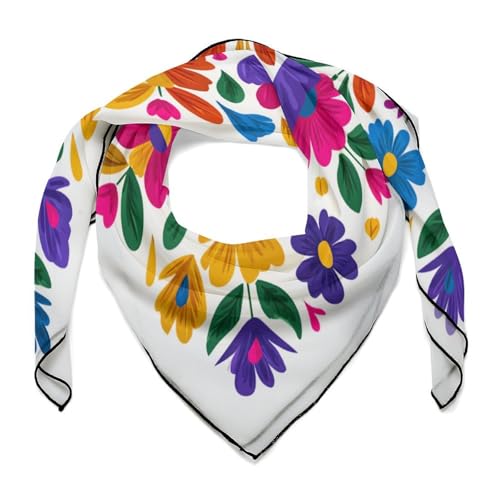 Simple Flat Mexican Flowers Women Hair Scarf Square Silk Like Head Scarves Handkerchief Satin Neck Scarf