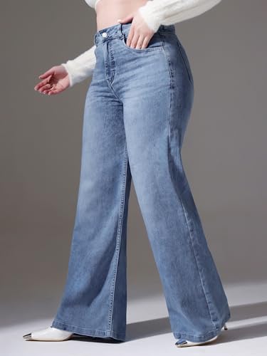 Image of Miss Chase A+ Women's Wide-Leg High-Rise Regular-Length Stretchable Cargo Denim Jeans