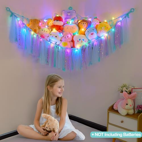 Image of FIOBEE Stuffed Animals Net LED Light Toy Hammock for Kids Bedroom Storage