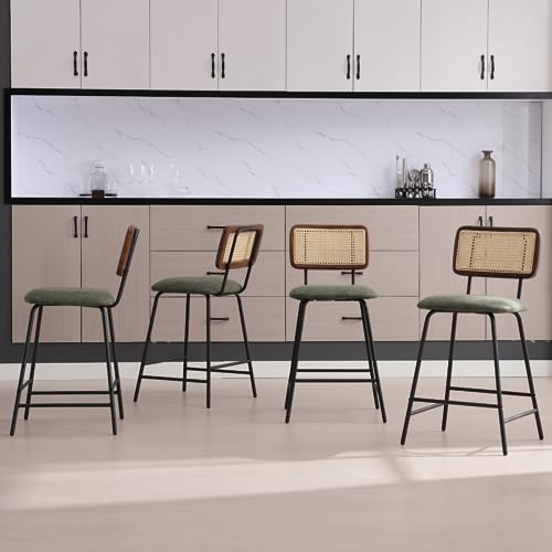 Image of Bar Stools Set of 8, 26 inch Modern Rattan Counter Height Bar Stools with Metal Legs, Upholstered Faux Leather Barstools with Cane Backrest for Kitchen Home Bar Restaurant, Green