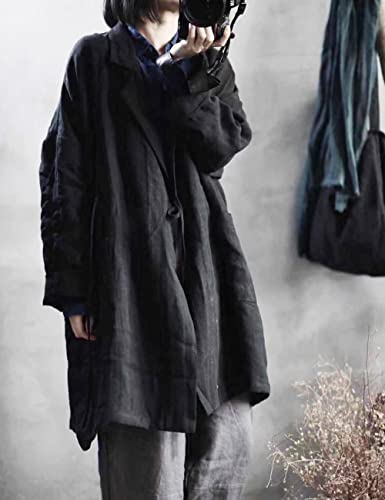 NFYM Women's Casual Linen Jacket Mid Length Lapel Blazer Open Front Long Sleeve Cardigan Black Trench Coat3