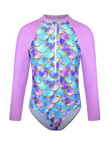 Kids Girls Mermaid Rashguard Shirts UPF 50+ Long Sleeve Zip Up One Piece Swimsuits