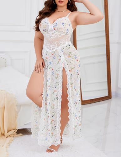 Image of Alrovetoney Plus Size Lingerie For Women Babydoll Sexy Mesh Maxi Nightdress Exotic Sleepwear Side Slits