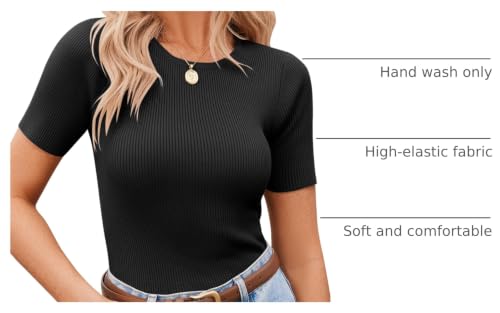 Image of Zeagoo Women Clothing Short Sleeve Shirts Ribbed Knit Summer Tops Basic Tee Business Casual Outfit Black