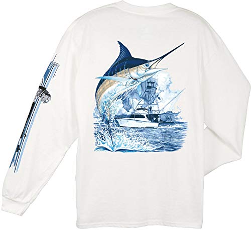 Guy Harvey Marlin Boat Long Sleeved T-Shirt, White, Medium