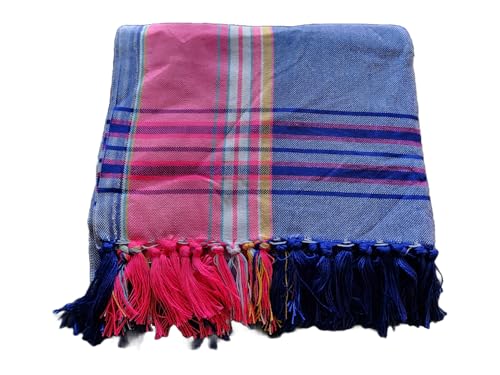Unisex African Kikoy Scarf, Sarong, Wrap, Throw - 100% Cotton, Handmade Tassels, Multi-Use Beach Cover-Up, Picnic Blanket, & More - Faded Blue with Pink border.2