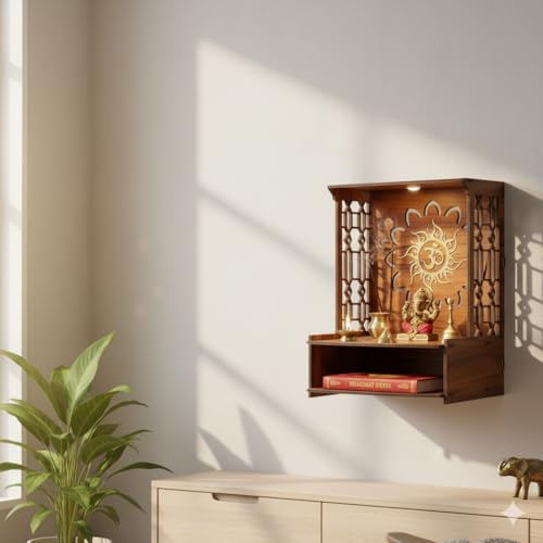 Image of Royal Walnut Finish Wooden Pooja Mandir | Wall Mounted Home Temple with LED Lights & Spacious Storage | Premium Handcrafted Puja Unit (37.5 * 29 * 25 CM) (Large) A5