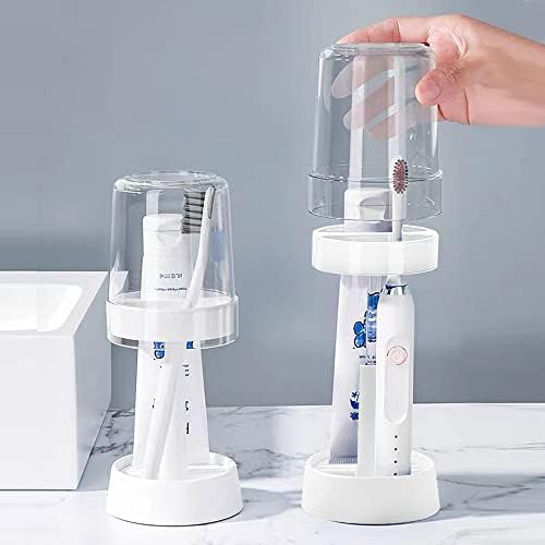 1 Pack Toothbrush Holder with Cover/Cup, Adujustable Height Electric Toothbrush Holders with 2 Slots, Compatible with Toothpaste Conventional or Electric Toothbrush Holder for Bathrooms