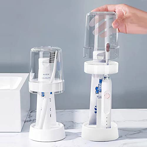 1 Pack Toothbrush Holder with Cover/Cup, Adujustable Height Electric Toothbrush Holders with 2 Slots, Compatible with Toothpaste Conventional or Electric Toothbrush Holder for Bathrooms