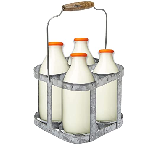 Trendi Milk Bottle Holder Galvanized 4 Milk Bottles Doorstep Crate Carrier Traditional 7.75 (L) x 7.75 (W) x 6.25 (H) (4 Botle Holder)