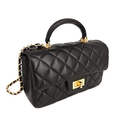 Image of M-ioi-M Small Quilted Crossbody Bag for Women, Genuine Leather Mini Shoulder Flap Purse with Gold Chain Strap & Top Handle