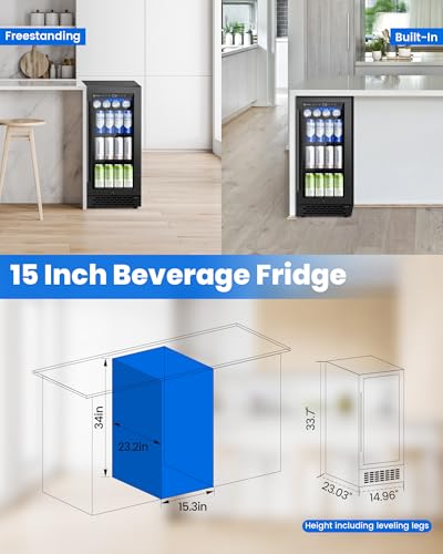 Image of 15 Inch Black Beverage Refrigerator Under Counter, 130 Cans Built-in /Freestanding Beverage Cooler, Mini Bar Fridge with Double Tempered Glass Door&Lock, Beverage Fridge for Drink Beer Soda Wine