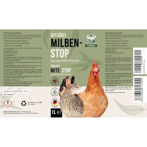 AniForte Milbenspray Hühner & Geflügel 1Liter - gegen Milben & Parasiten, Milben Stop, Milbenmittel als Umgebungsspray & Kontaktspray, zur Vorbeugung & bei akutem Befall