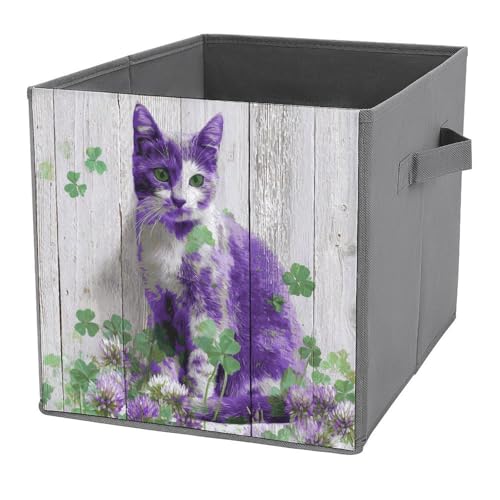 Jubonexis Cubes de rangement pliables en tissu décoratif avec poignées pour étagères, placards, la Saint-Patrick, chat violet avec fleurs sur bois, 27 x 27 cm