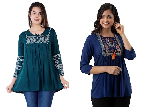 Image of Shiva Fab Short Kurti for Women | Embroidered Straight Rayon Kurta | Round Neck Full Sleeves Short Kurti for Women's Combo Pack of 2