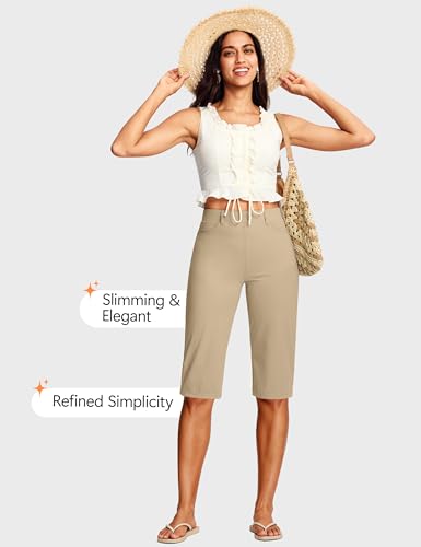Image of ISEEGZ 14'' /18 inch Capri Pants for Women Dressy Stretch Pull On Womens Capris with Pockets Petite Summer Office Work Casual
