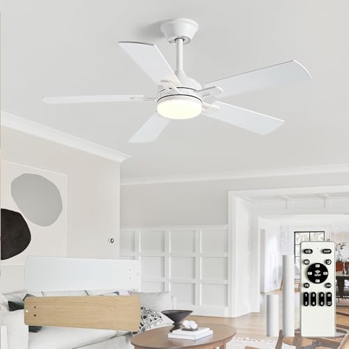 Image of Depuley 42-inch Ceiling Fan with Light: White Ceiling Fan for Living Room Indoor Outdoor - Modern Ceiling Fan with Remote Control 3CCT Dimmable Noiseless 5 Reversible Wood Blades 6 Speeds Timer
