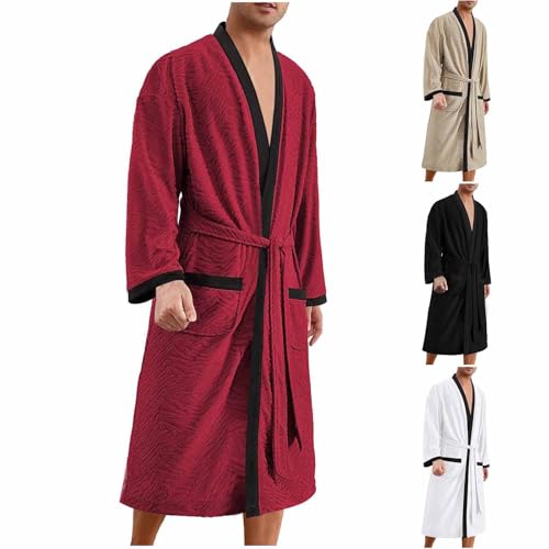 Cambkatl Men's Jacquard Robe Color Block Belted Bathrobe Kimono Cardigan Long Sleeve Nightgown with Pockets2