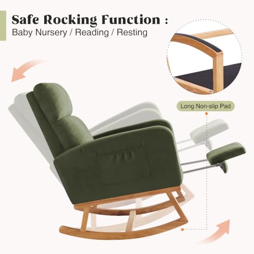 Image of HCHAIRH Rocking Chair Nursery, Nursing Rocking Chairs with Foot Rest for Mom Nursery, Glider Rocker Chair with Footrest and High Backrest for Living Room, Bedroom, Dark Green