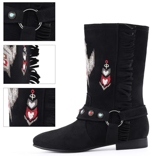 FancyQueen Womens Wide Width Ankle Boots Fringe Flat Moccasins Boots Slouchy Studded Embroidery Booties Comfort Short Boot4