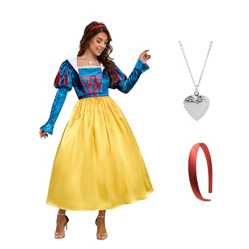 Voslett Märchen-Kostüm für Damen Schneewittchen-Kostüm mit roter Schleife Stirnband Umhang Halloween Karneval Prinzessinnen-Outfit M