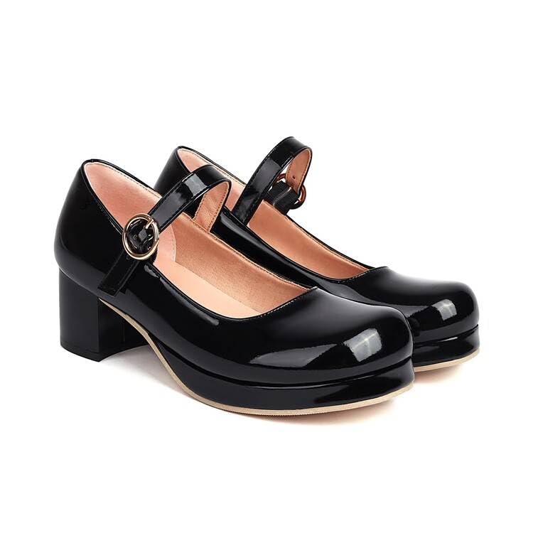 Women Elegant Mary Jane Pumps Square Toe Block Heels with Belt Buckles2