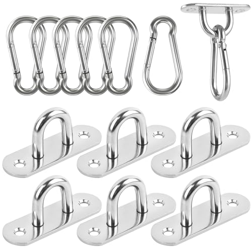 ENUTROF Plaque Oeillet Acier Inoxydable Pontet Crochet INOX Plaque à Oeil Anneau de Fixation 6pcs avec Crochet Mousqueton INOX pour Pont/Mur/Bateau/Auvents/Plaques De Recouvrement/Objets (L-U)