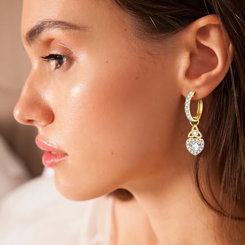 Moissanite Dangle Earrings for Women 925 Sterling Silver Earrings White/14K Gold Plated Detachable Hoop Celtic Knot Earring with Cubic Zirconia and Heart Charms Jewerly Gifts for Her4
