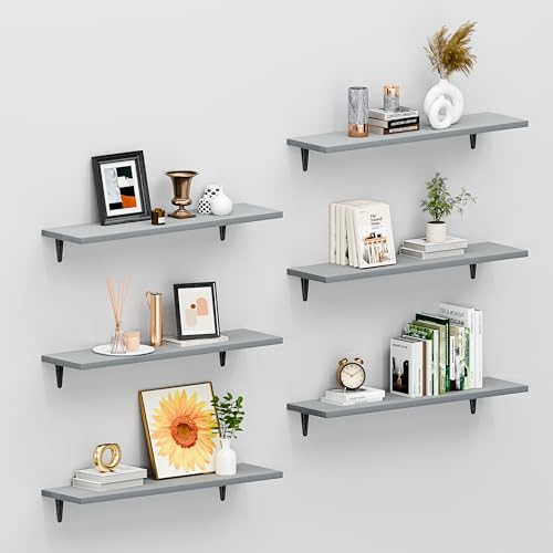 Image of SKYSEN Floating Shelves for Wall Set of 6, 23.6in Wood Wall Shelf for Decor, Bathroom, Bedroom, Storage, Book,Kitchen, Living Room - Grey(fs-60-g)