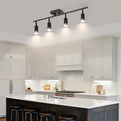 Image of 4-Light GU10 Track Lighting, Black Adjustable Ceiling Spot Light Kit, Industrial Flush Mount LED Track Light for Kitchen, Hallway, Living Room