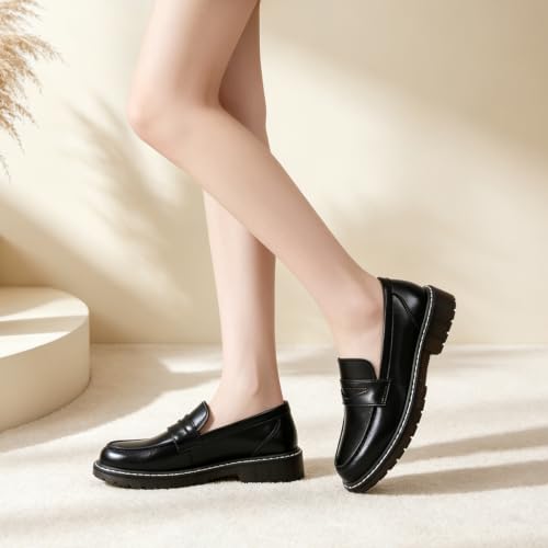 Image of Black Penny Loafers for Women, Shiny Comfortable Dress Work Shoes