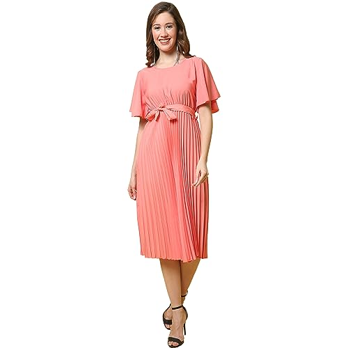 Image of Fabflee Women's Polyester A-Line Standard Length Dress (FB-P1-Pleated-201 XXL Pink